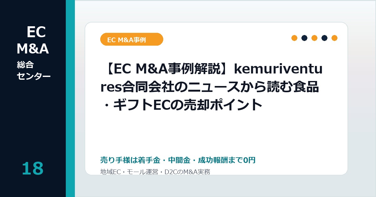 【EC M&A事例解説】kemuriventures合同会社のニュースから読む食品・ギフトECの売却ポイントのアイキャッチ画像