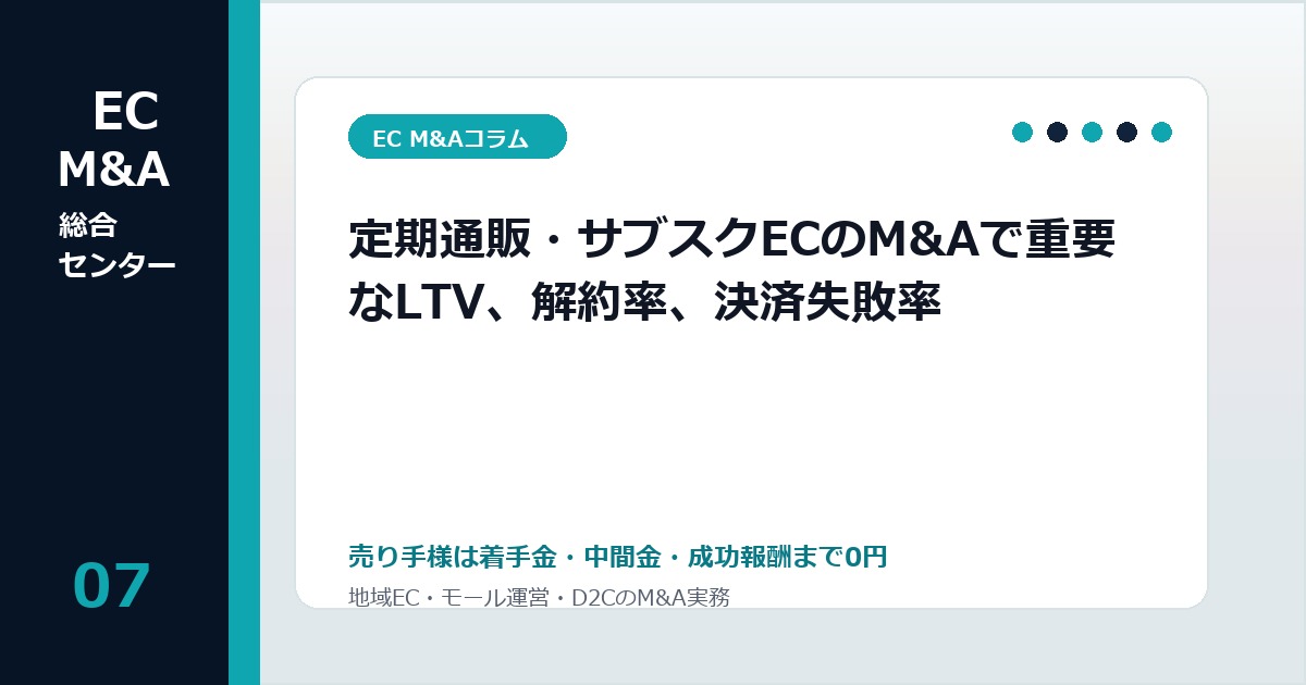 定期通販・サブスクECのM&Aで重要なLTV、解約率、決済失敗率のアイキャッチ画像